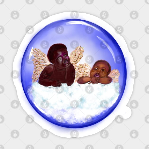 Cherubim in a heavenly space bubble- brown skin cherubs with curly Afro Hair and gold wings deep in thought on a cloud Sticker by Artonmytee